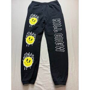 Kill Crew Mens Black Graphic Sweatpants Gothic Logo Smiley Face Joggers Size M